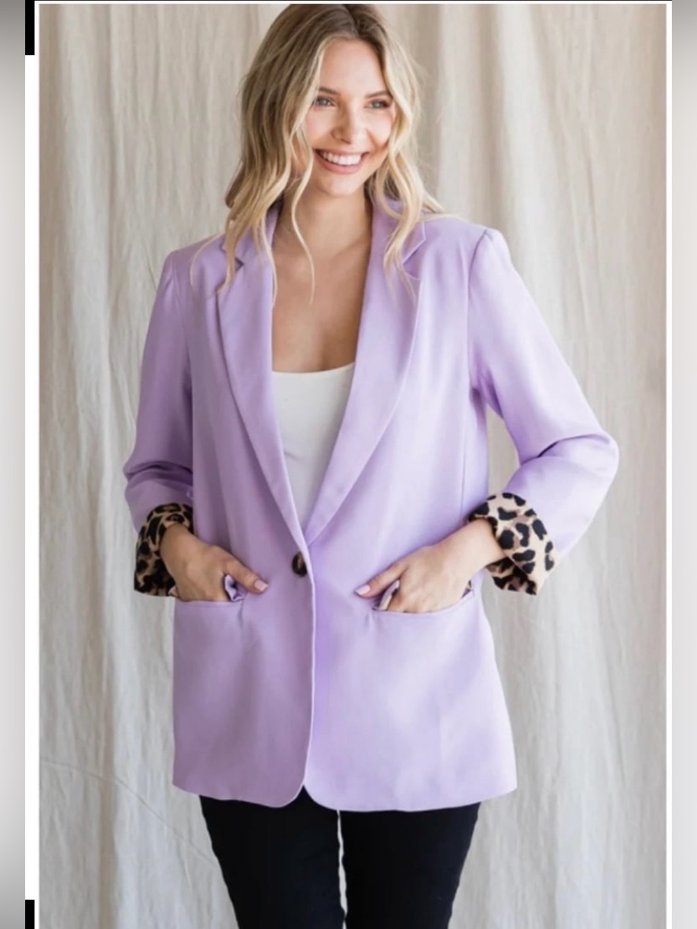 Lilac Relaxed Blazer with Leopard Trim